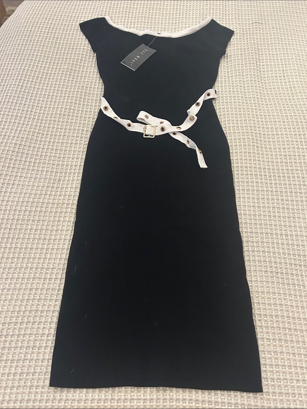 Say What? Black Midi Dress with White Trim and Eyelet Belt